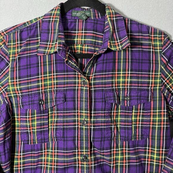 LRL‎ Lauren Jeans Co. Ralph Lauren SZ L Purple Plaid Cotton Shirt Button-Up - Picture 2 of 9